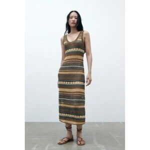 NWT Knit ZARA Long Brown Crochet Dress Beige Tan Grey Womens Size Small